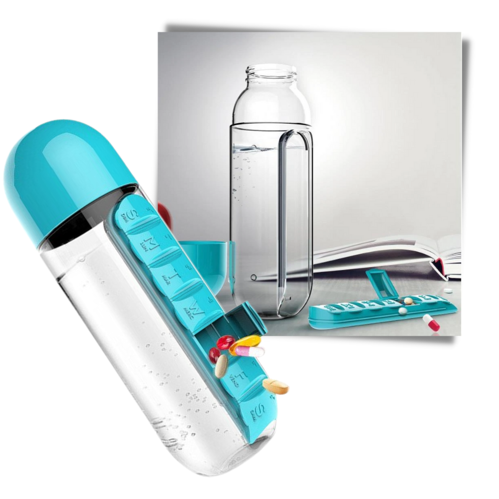 Bouteille d'eau en plastique avec pilulier