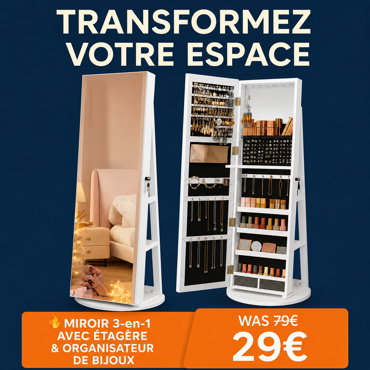 🔥 Miroir 3-en-1 avec Étagère & Organisateur de Bijoux – Style, Rangement & Éclairage Parfait