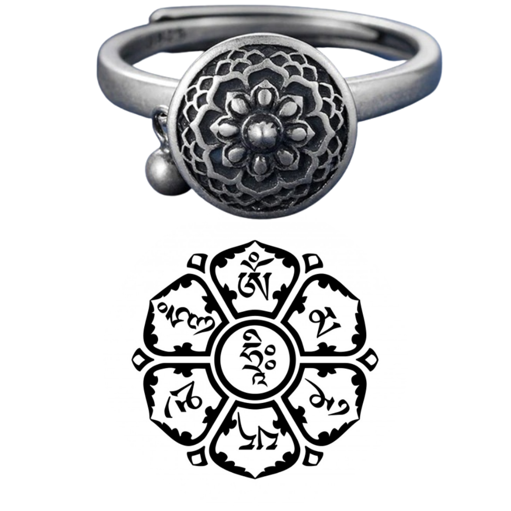 Bague pour femme avec mantra bouddhiste rotatif
