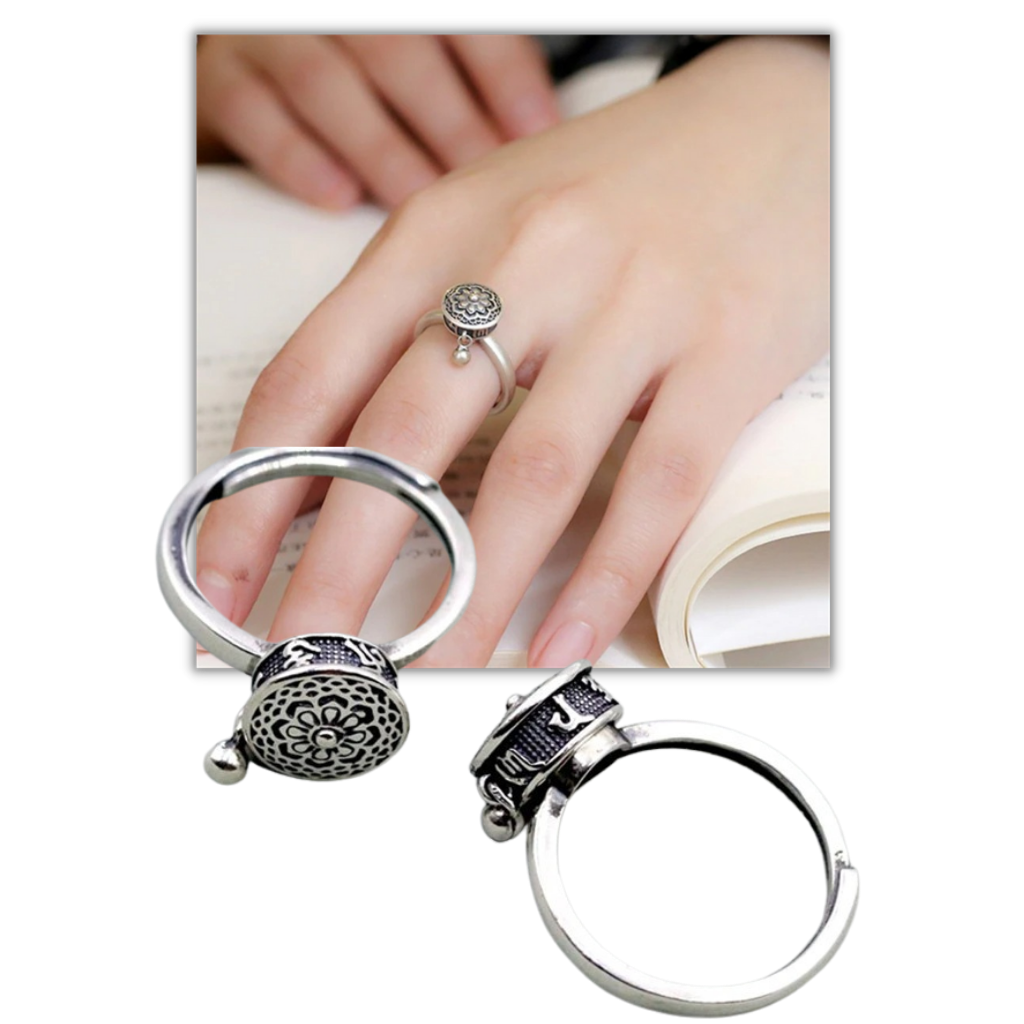 Bague pour femme avec mantra bouddhiste rotatif