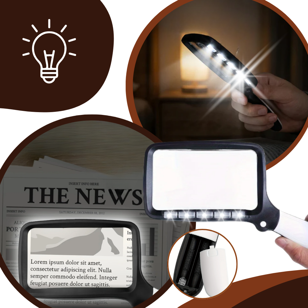 Loupe de lecture rectangulaire large avec éclairage LED intégré